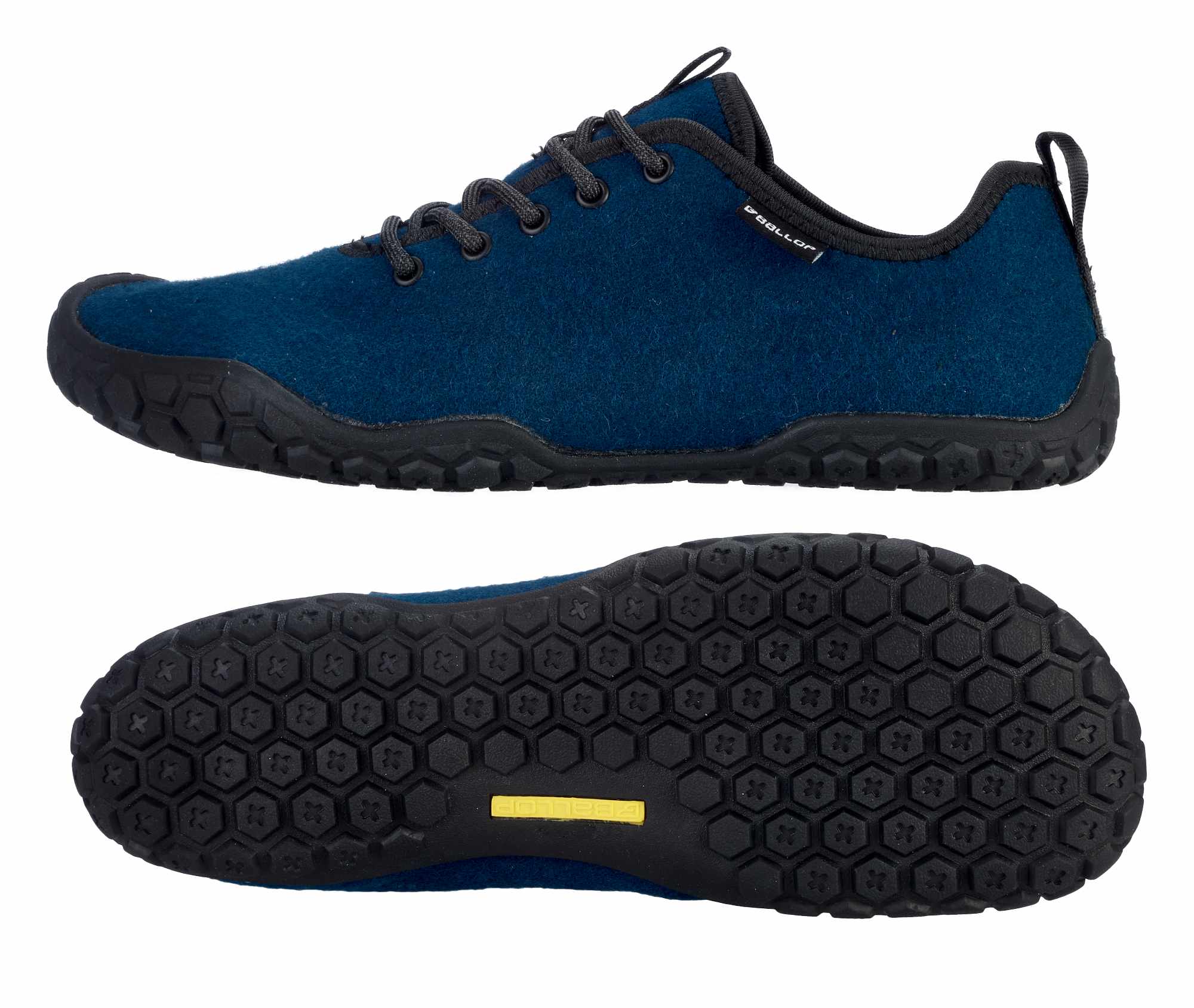 Trailschuhe, blauer Velours, Gummisohle, Segment-Außensohle, Schuh mit Schnürung
